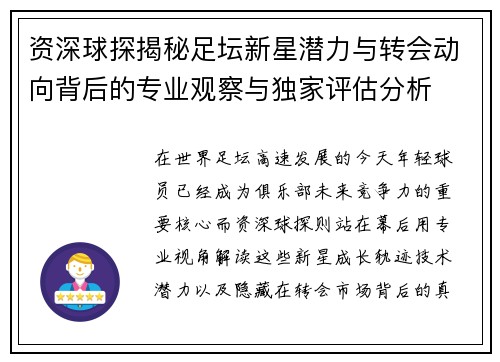 资深球探揭秘足坛新星潜力与转会动向背后的专业观察与独家评估分析